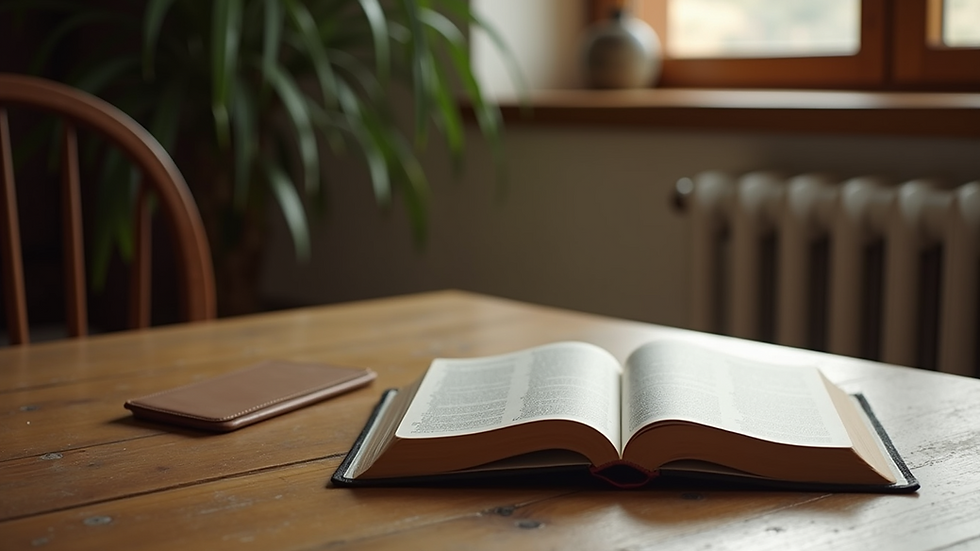 Close-up view of a Bible open on a desk with a warm light