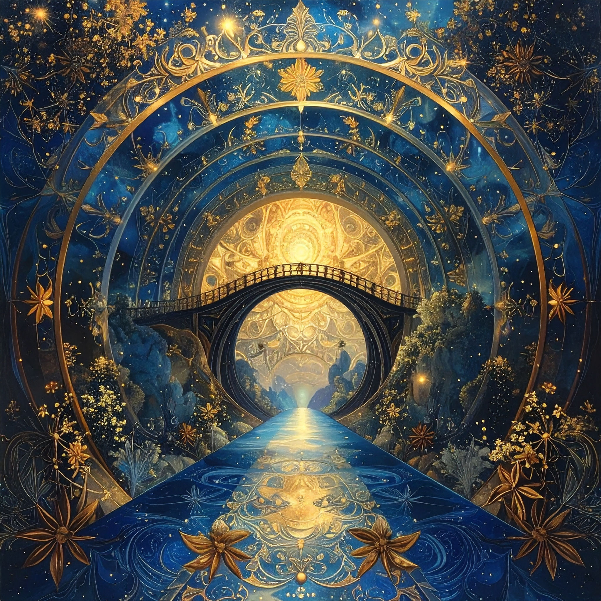 gold blauer fraktaler etikettenhintergrund mit anis und mystischer brücke für mentale klarheit