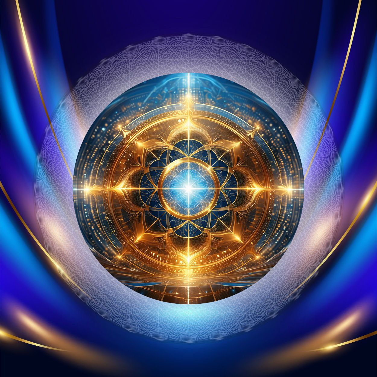 blau goldener mandala hintergrund mit lichtkugel für quantumessenz 1717