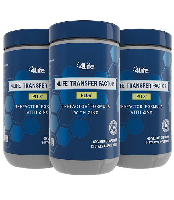 Frascos de suplementos 4Life Transfer Factor® Tri-Factor colocados sobre una mesa