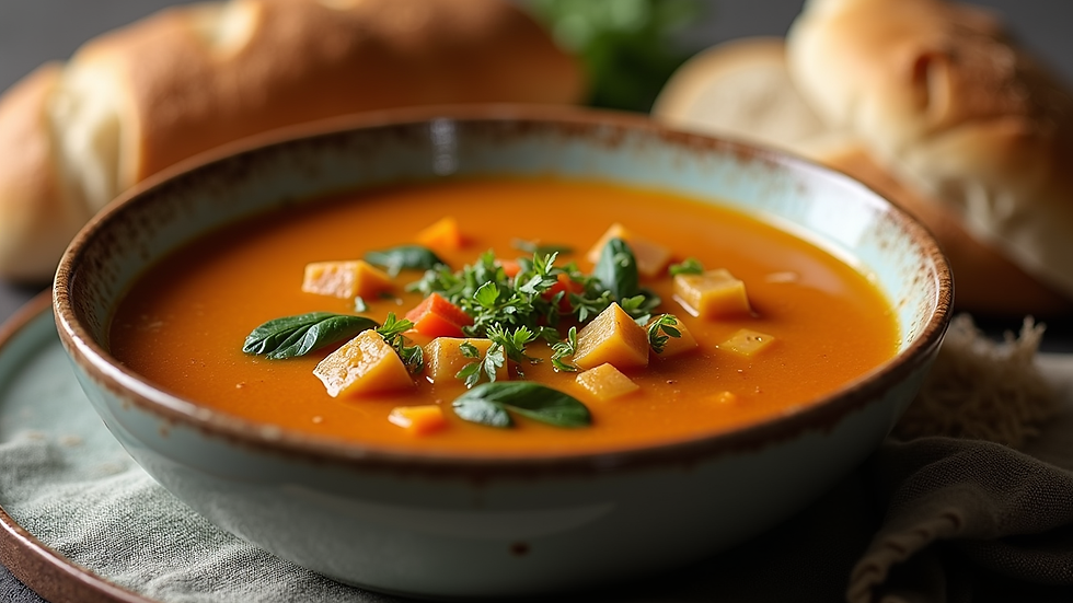 Close-up of a bowl of vegetable soup with whole grain bread on the side