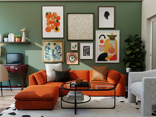 Rich terracotta tones paired with moody sage green walls and warm wood accents create an inviting, cozy atmosphere for fall.