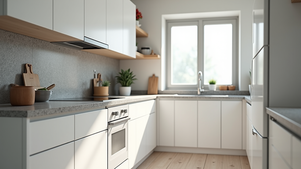 Eye-level view of a small modern kitchen with white cabinets and granite countertops