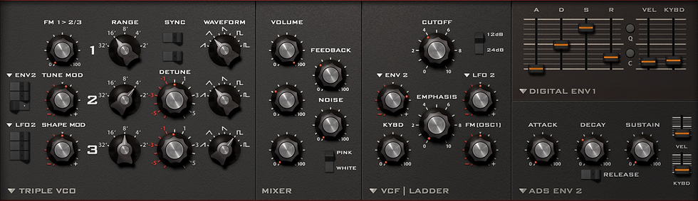 The control panel for U-he's Diva provides controls over waveform selection, oscillator tuning, modulation, filter cutoff, and envelope shape.