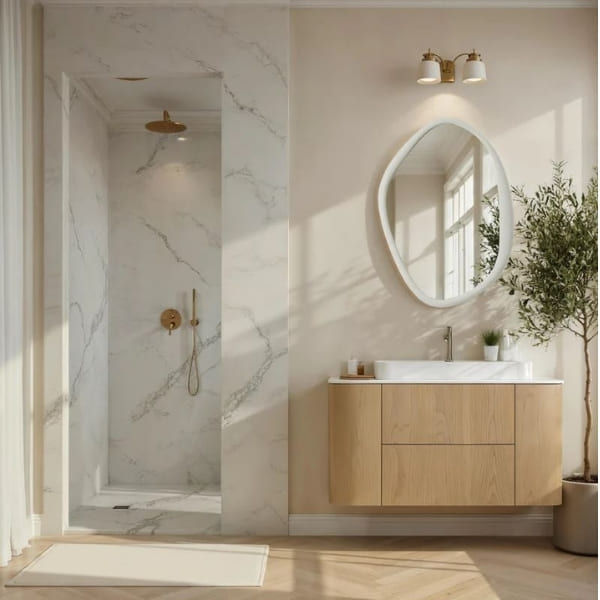 Miroir à la forme organique libre avec pourtour fait en résine et pierre de riz accroché au mur d'une salle de bain claire