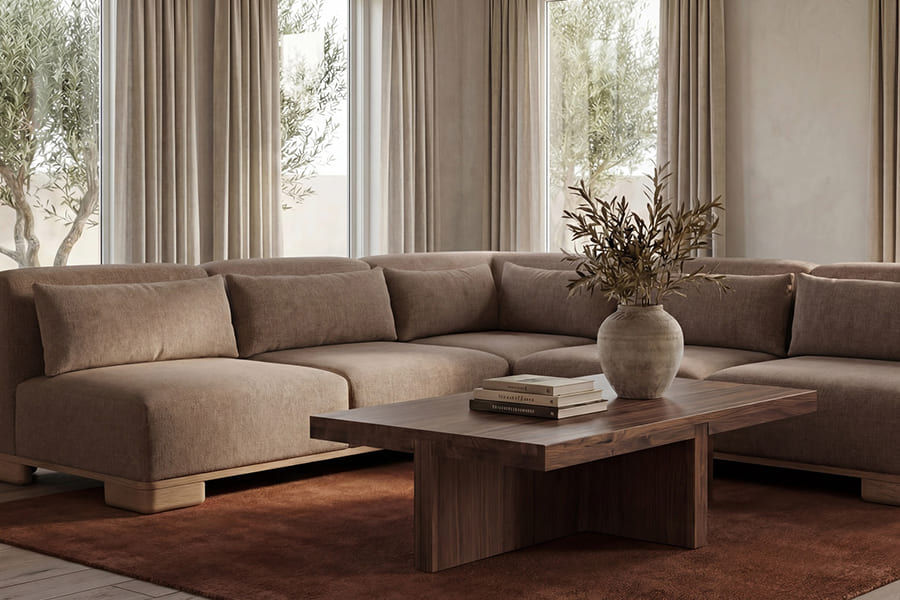Sofa modulaire en tissu et piètement en placage de bois de chêne