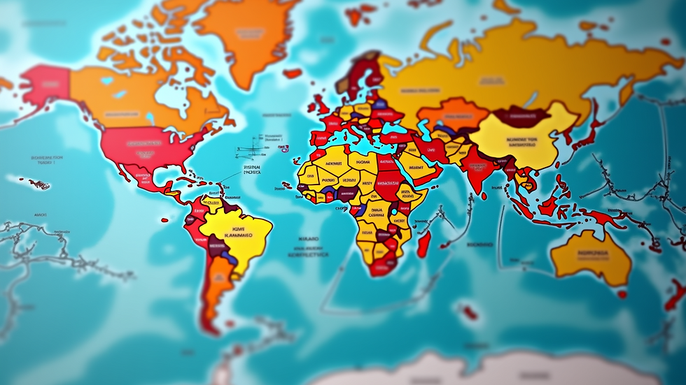 High angle view of a global map highlighting geopolitical regions