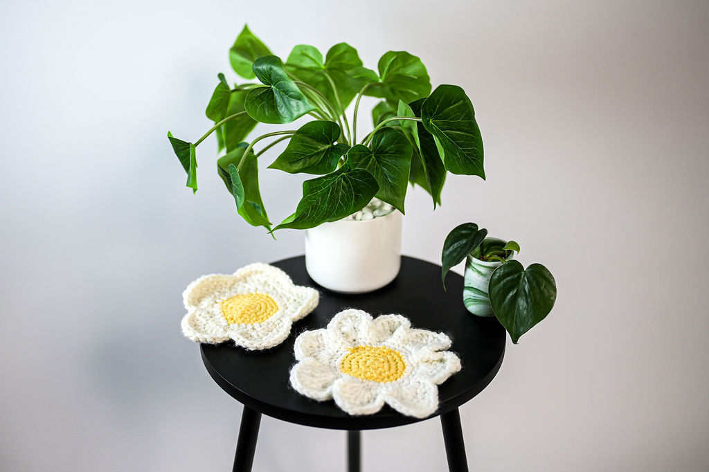 Crocheted daisy coasters