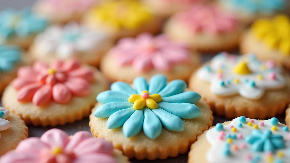 Close-up view of decorated summer cookies with colorful icing