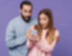 Surprised young professionals reacting to mobile content, reflecting digital engagement and interactive corporate experiences
