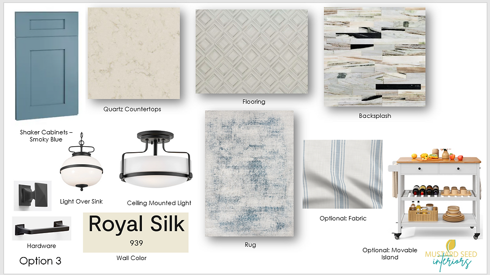 Design board with smoky blue shaker cabinets, quartz countertops, light fixtures, backsplash, fabric, rug, and movable island in a kitchen.