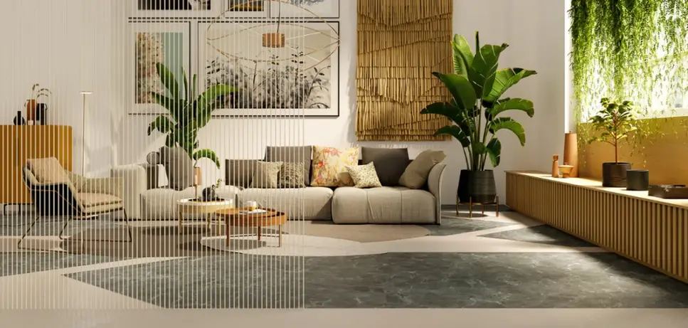 Biophilic design; Woonkamer met natuurlijke meubels en materialen