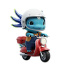 Mascote Ludi, que é um axolote azul claro usando uma camiseta laranja e jardineira, pilotando uma moto vermelha.
