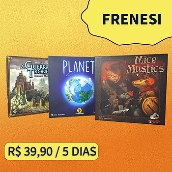 Caixas de jogos de tabuleiro sob o título Frenesi, no valor de R$ 39,90 por 5 dias.