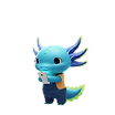 Mascote Ludi, que é um axolote azul claro usando uma camiseta laranja e jardineira, olhando um celular.