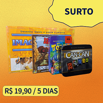 Caixas de jogos de tabuleiro sob o título Surto, no valor de R$ 19,90 por 5 dias.