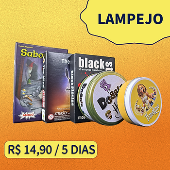 Caixas de jogos de tabuleiro sob o título Lampejo, no valor de R$ 14,90 por 5 dias.