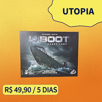 Caixas de jogos de tabuleiro sob o título Utopia, no valor de R$ 49,90 por 5 dias.
