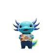 Mascote Ludi, que é um axolote azul claro usando uma camiseta laranja e jardineira, entregando uma caixa de boardgame