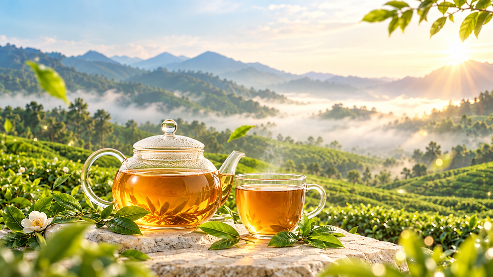 Ấm trà và tách trà thảo mộc trên nền đồi chè xanh lúc bình minh