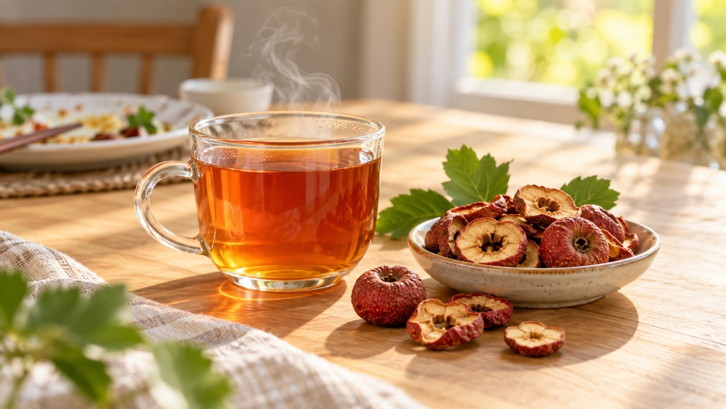Tách trà sơn tra ấm nóng bên đĩa lát sơn tra khô sau bữa ăn