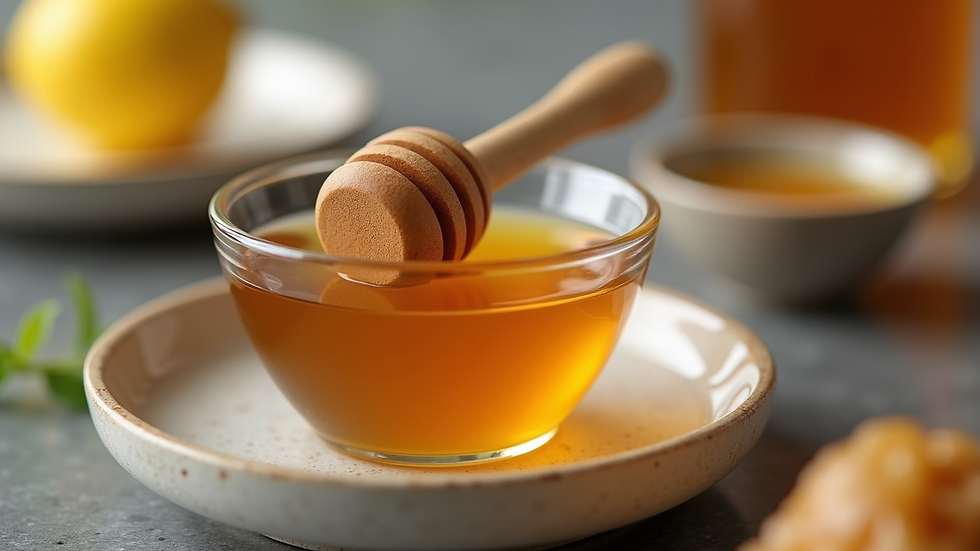 Eye-level view of a small bowl with natural honey and a wooden honey dipper
