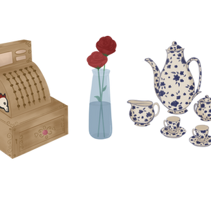 old cash register, vase of roses, tea set.