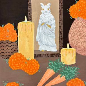 painting of a bunny statue wearing monk robes, surrounded by marigolds and carrots as offerings.
acrylic.