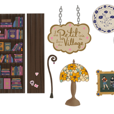 bookshelf, plates, sign, lamp, cane, picture frame