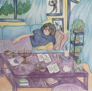 a woman laying on a couch surrounded by plants, art supplies, and snacks.