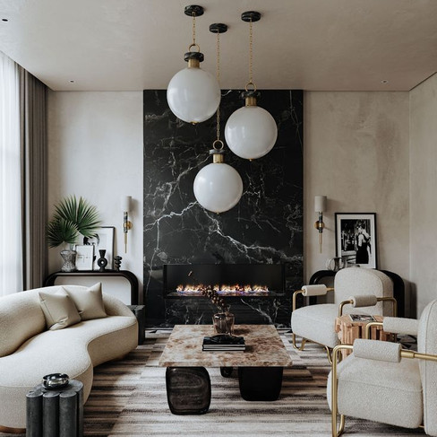 Quiet luxury living room with ambient lighting and monochromatic theme