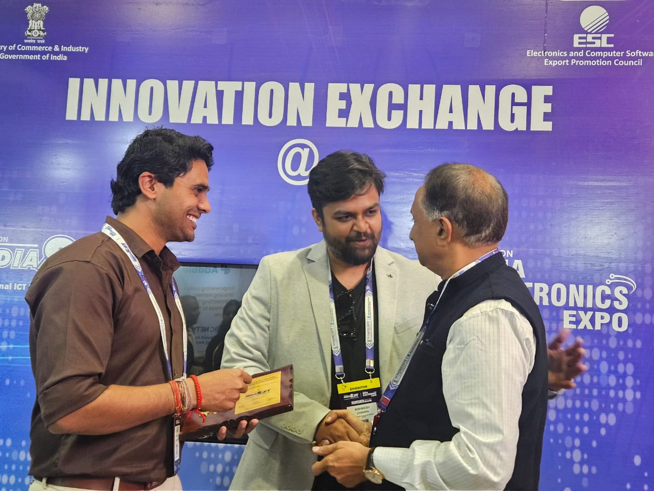 Innovation Exchange Stage - Rishikesh Chandra and Arjun Kumar receive the ESC recognition plaque at IndiaSoft + India Electronics Expo 2026