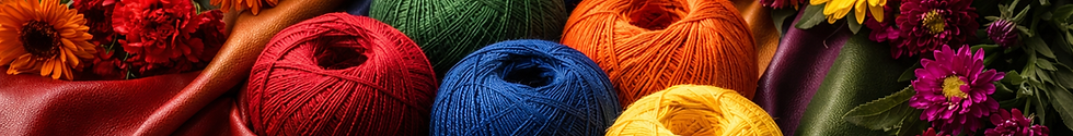 Pelotes de laine et crochets colorés avec des fleurs sur tissu.