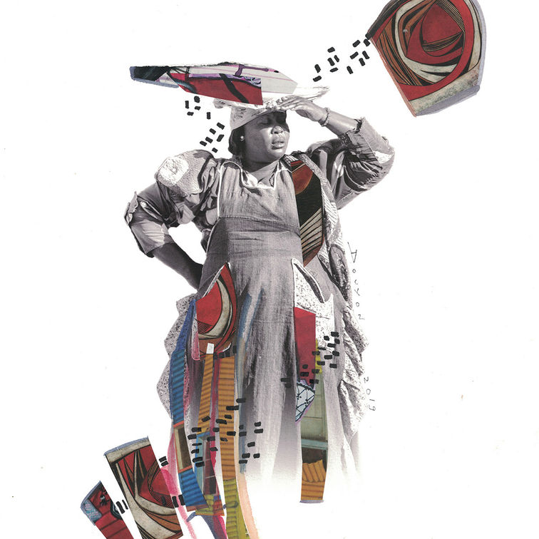 Femme Herero en robe traditionnelle, regard au loin, entourée de fragments colorés et de motifs graphiques en suspension.