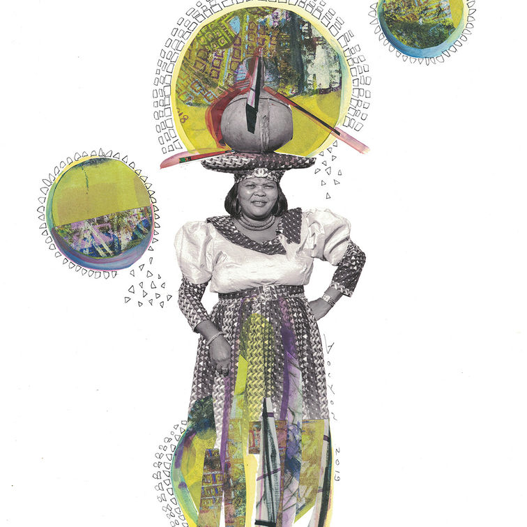 Femme Herero en tenue traditionnelle, entourée de formes circulaires colorées et de collages évoquant mémoire et culture.