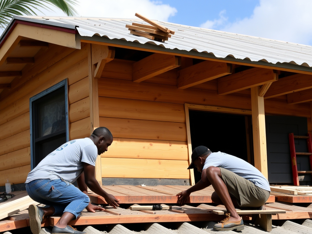 Volunteers carrying out roof repairs after a hurricane