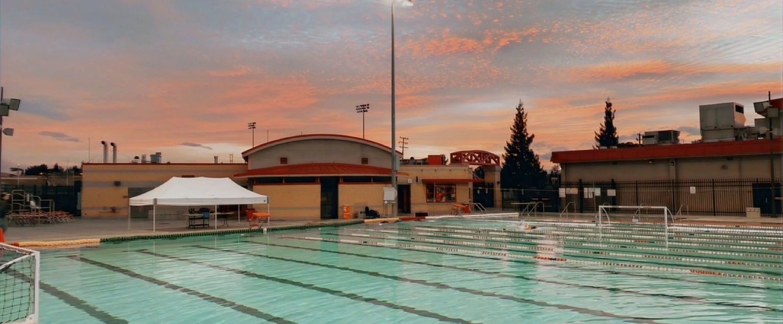 Oakdale Aquatics pool at sunset.