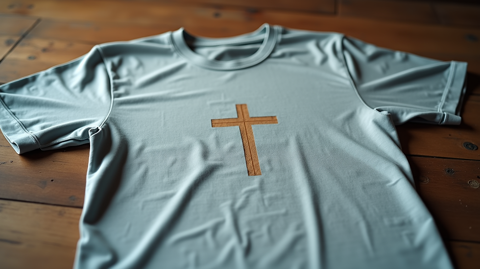 Close-up view of a faith-inspired t-shirt with a subtle cross design laid flat on a rustic surface