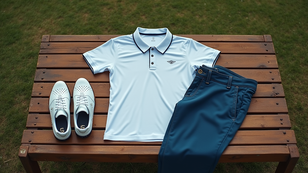 Eye-level view of a golf outfit laid out on a wooden bench including polo shirt, pants, and golf shoes