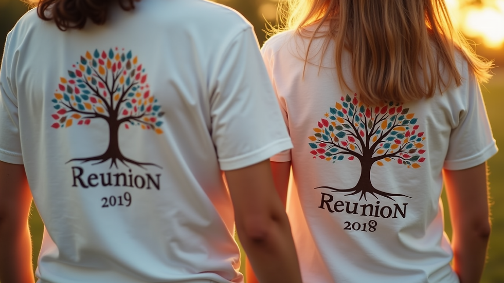 Close-up view of family reunion shirts with a tree design and reunion year