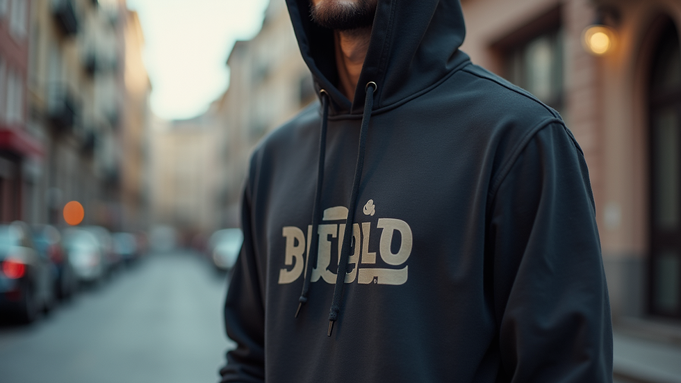 Eye-level view of a hoodie with a simple graphic design on the chest
