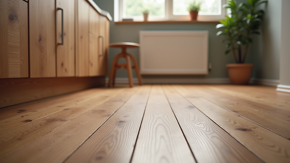 Close-up view of hardwood flooring and custom cabinetry