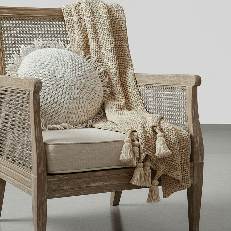 Floret Throw Pillow crochet pattern, showing the pillow styled on a wicker chair.