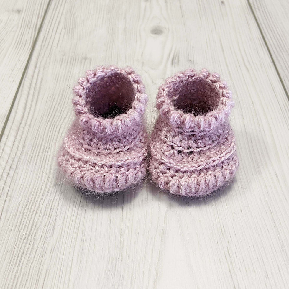 Ella Leather Bottom Baby Booties crochet pattern, shown from a top-down and front view.