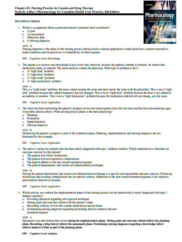 Thumbnail: Lilley's Pharmacology for Canadian Health Care Practice 5th Edition Test Bank