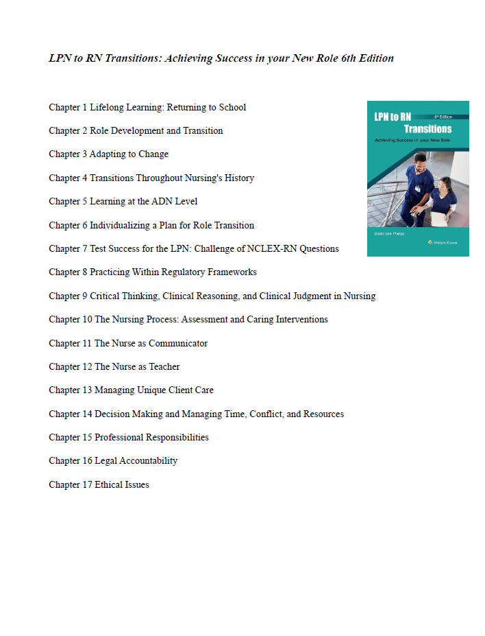 Thumbnail: LPN to RN Transitions Achieving Success in your New Role 6th Edition Test Bank