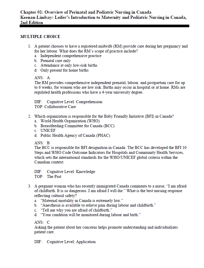 Thumbnail: Leifer's Introduction to Maternity and Pediatric Nursing in Canada 2nd Edition Test Bank