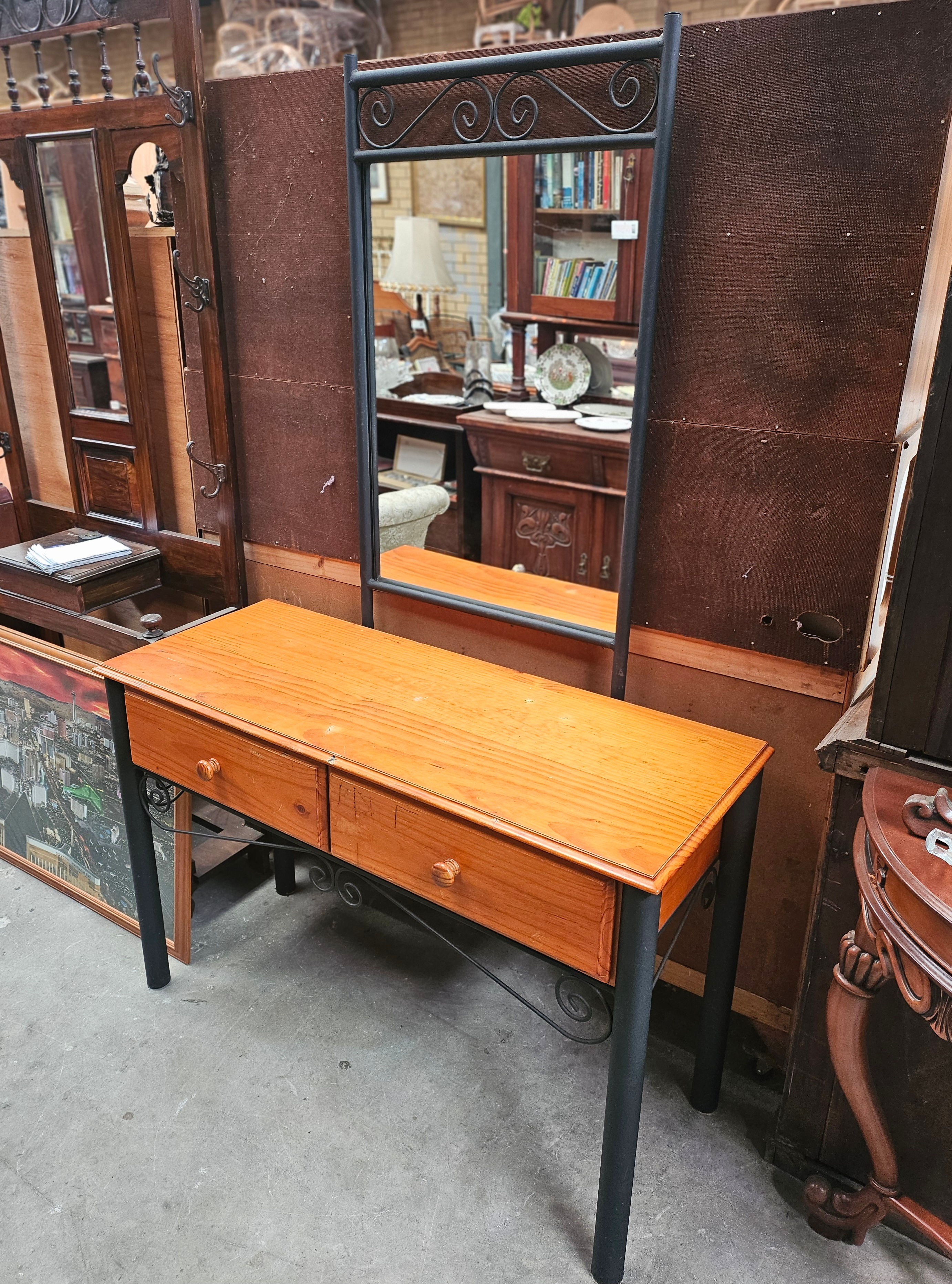 Hall Table: Solid Pine Hall Table With Black Metal Framing And Mirror