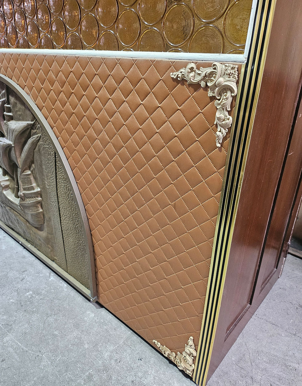 Thumbnail: Bar: MCM Cocktail Bar W/ Amber Honeycomb Glass And Bronze Ship Emblem