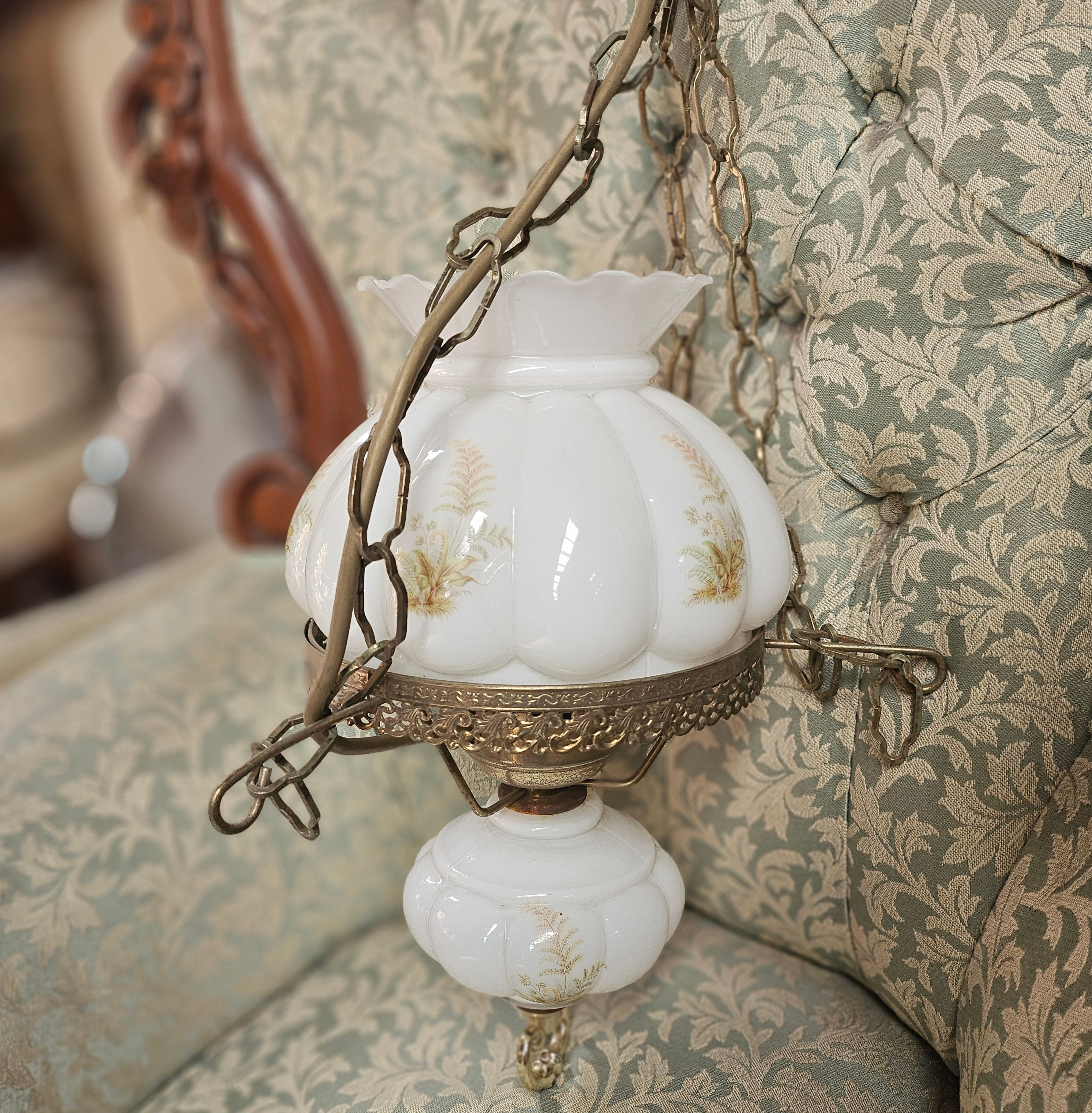 Ceiling Pendant:Vintage Mid-Century Ceiling Pendant W/ Glass Shade & Brass Frame